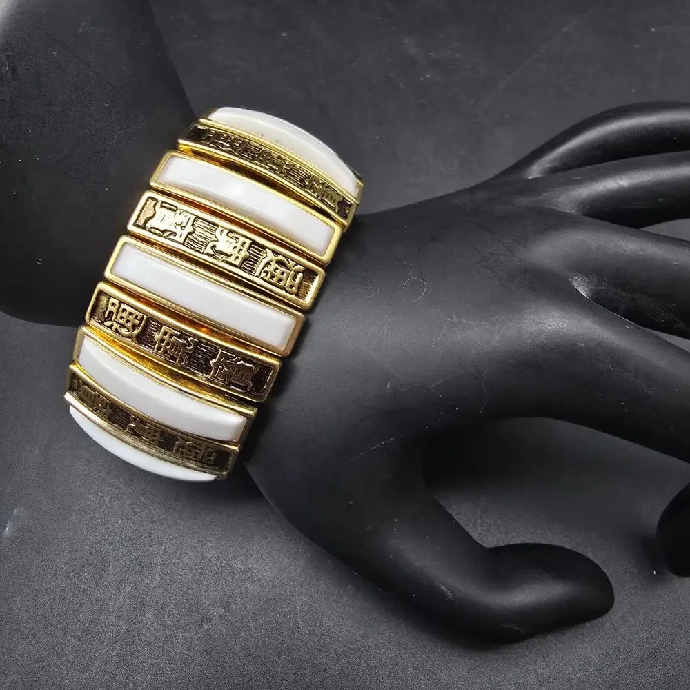 Gold Tone White Asian Theme Expansion Bracelet Vintage Costume Jewelry